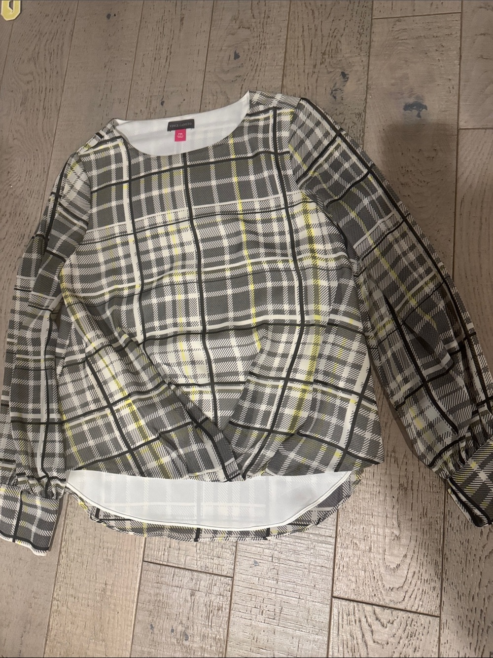 Vince camuto Plaid Long Sleeve Top with Yellow Accents
